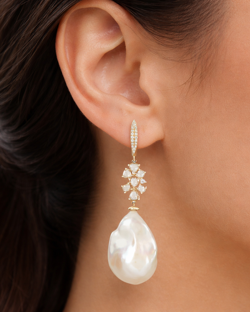 Baroque Pearl Diamond Cluster Drop Earrings